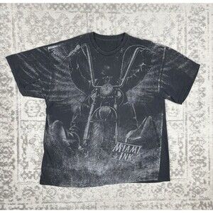 Miami Ink T-Shirt Y2K Biker Skeleton Chopper All Over Print Grunge Size XL